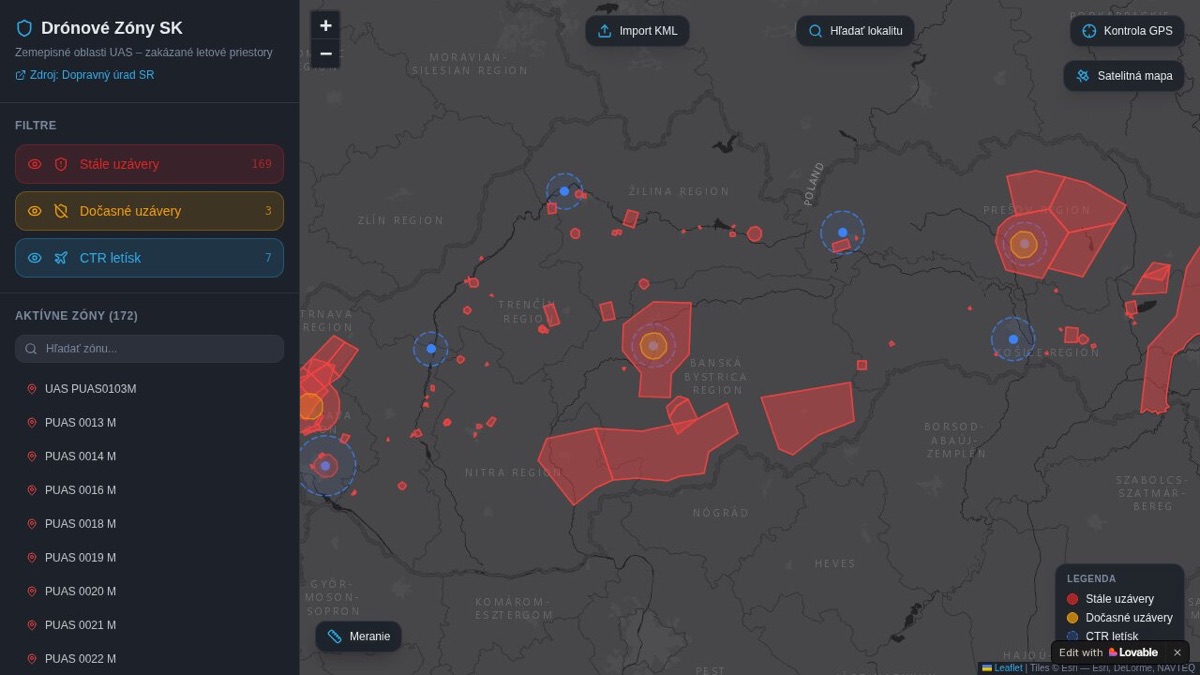 Interaktívna mapa dronových zón Slovenska — stále uzávery, dočasné uzávery a CTR letísk